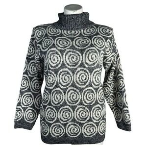 IN DESIGN Sweater MED Gray White Swirl Knit Rib Cowl Neck Stretch USA VTG